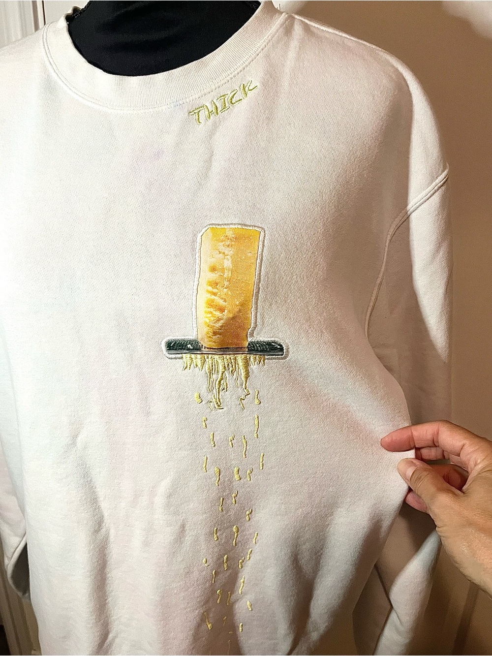 White Crewneck Sweater with Yellow Melted Cheese Embroidery